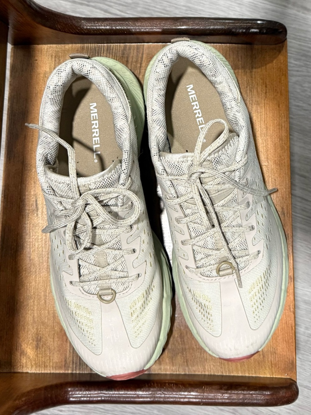Merrell Women's Light Beige Knit Walking Sneakers with Mint Green Sole